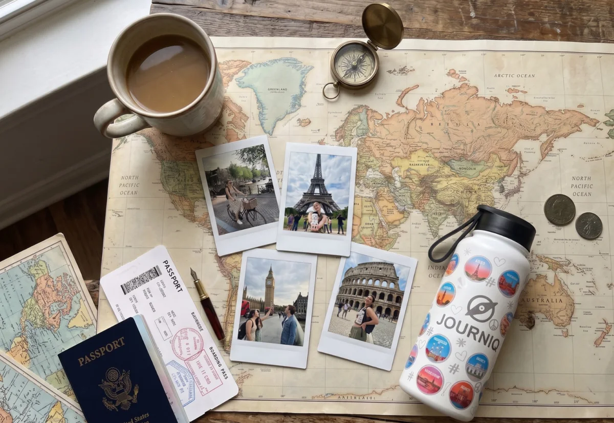 Botella JOURNIQ sobre un mapa con fotos de viajes